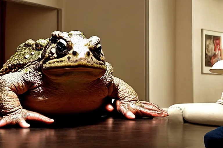 Prompt: a giant toad sitting with mike tyson in a large clean hotel room, on a couch, movie directed by martin scorsese and christopher nolan, masterpiece, 8 h