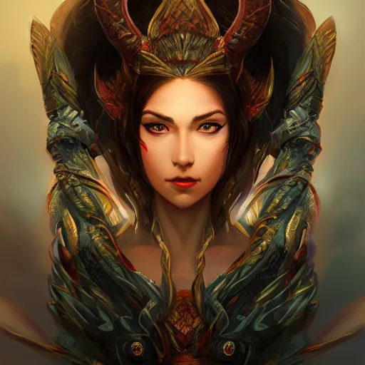 Image similar to A stunning comic book style portrait painting of a dragon goddess, wide view, in the style of WLOP, 8k masterpiece, cinematic lighting, pristine and clean design, high fantasy, insanely detailed, atmospheric,