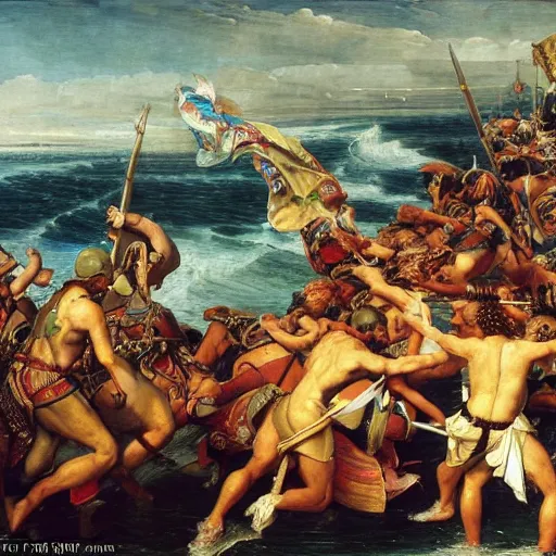 Prompt: Roman legion doing battle with the ocean, classicism, romanticism, Renaissance, artwork, hyper detailed, 4k l, masterpiece, Divine work, Artwork by De Morgan, Evelyn