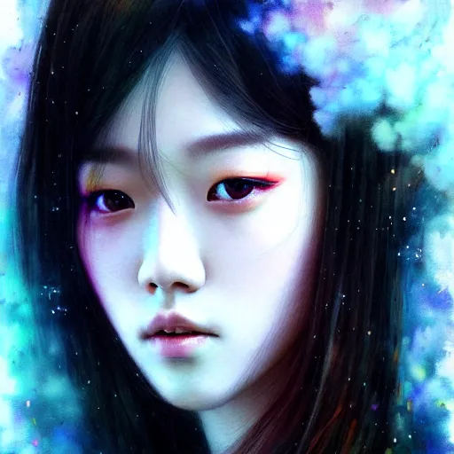 Image similar to jisoo of blackpink, hyperrealistic portrait, fractals, by karol bak and agnes cecile, fantasy art, photo realistic, dynamic lighting, artstation, poster, volumetric lighting, very detailed face, 8 k, award winning