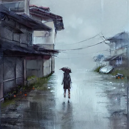 Image similar to walking around dilapidated ikeshima island, nagasaki, japan. volumetric lighting, rain, spring middag, dark overcast weather, realistic illustration, perfectly shaded, soft painting, art by krenz cushart and wenjun lin