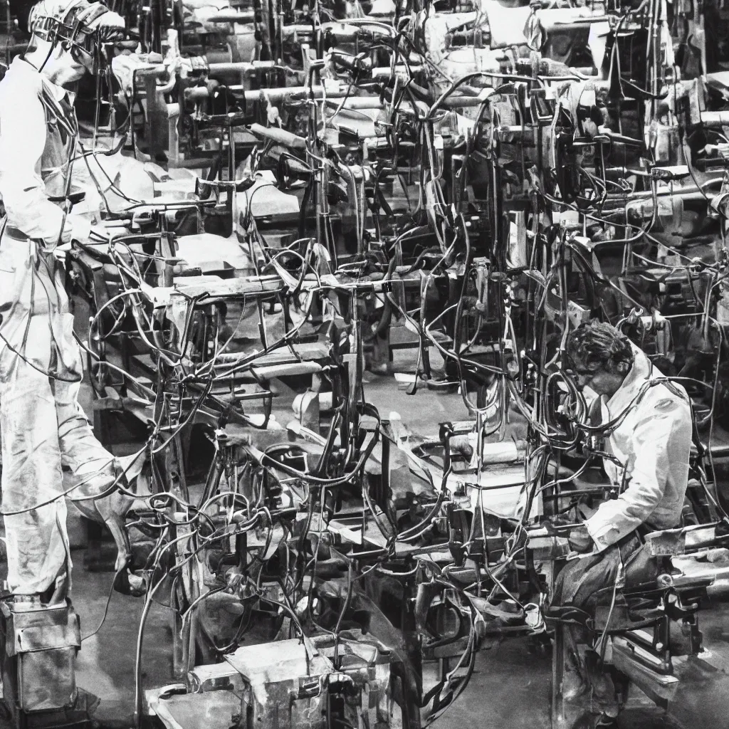 Prompt: working man, tied to his machine in a factory, black and white photography