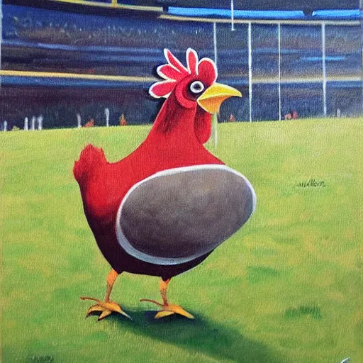 Image similar to the famous funky chicken runs across a football field, interrupting the big game, oil painting