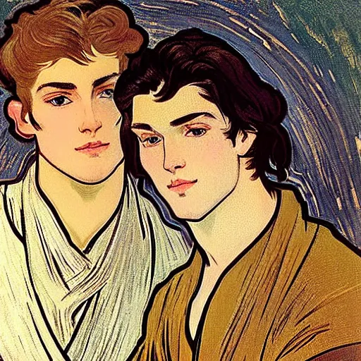 Prompt: closeup portrait of two male friends!, a young cute handsome human vidar with short hair messy pompadour dark brown hair together with a young handsome beautiful delicate longhaired pale elf taehyung with long wavy dark gorgeous long hair, long hairstyle, wearing armor!, modest!, cleanshaven!, stylish armor, art by alphonse mucha, vincent van gogh