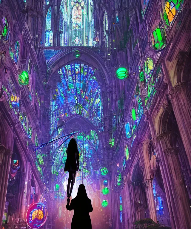 Prompt: worm's eye view of a tall brightly lit cyberpunk cathedral with stained glass at night in the rain, worm's eye view of a woman holding an umbrella gazing upward with wonder, octane ray tracing, volumetric lighting, worm's eye view, trending on artstation, extreme low angle, woman with umbrella, cathedral