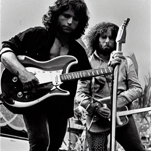 Image similar to Jim Morrison and Thundercat playing music together on stage at Woodstock