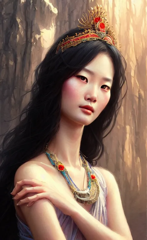 Image similar to a beautiful taiwan goddess with sundress with jewelry | | winter, realistic shaded, unpleasant face, good looking, fine details, realistic shaded lighting poster by greg rutkowski, magali villeneuve, artgerm, jeremy lipkin and michael garmash and macoto takahashi