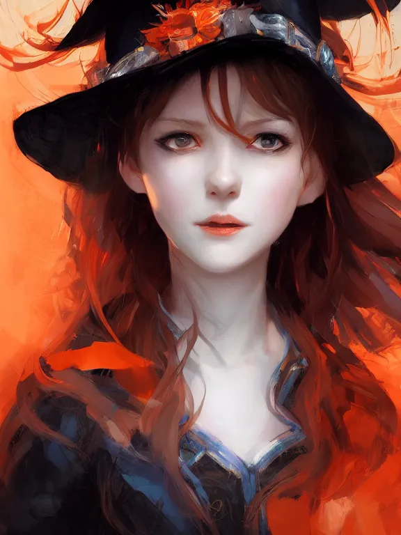 Image similar to Portrait of a cute mischievous young witch about to get up to some trouble. Black and Orange palette. By Ruan Jia and Artgerm and Range Murata and WLOP and CLAMP. Key Art. Fantasy Illustration. award winning, Artstation, intricate details, realistic, Hyperdetailed, 8k resolution.