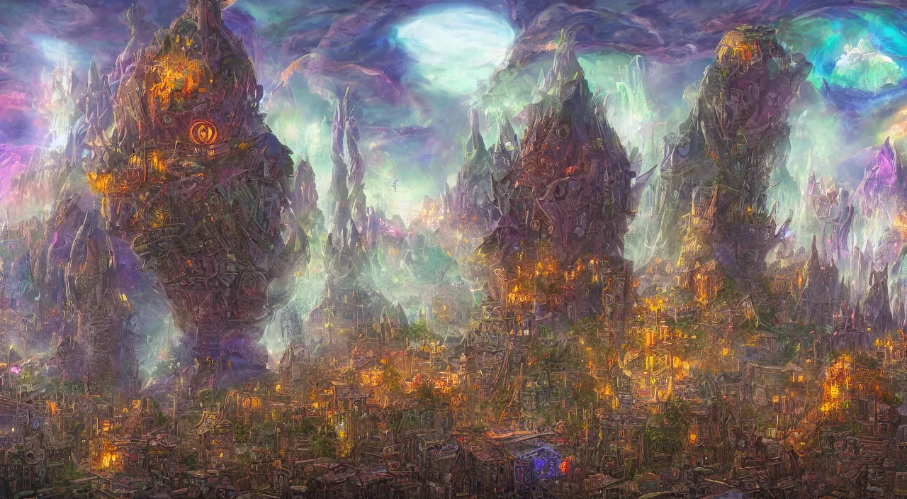 Prompt: tony diterlizzi and brom's painting of a planescape city named sigil located atop the spire in the outlands, the city has the shape of a torus, and the city itself is located on the inner surface of the ring, digital art, volumetric lightning, vibrant colors, amazing fantasy art