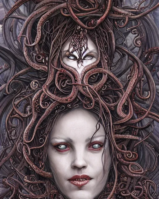 Prompt: centered beautiful detailed side view profile portrait of a insane, crazed, mad vampire old woman, ornate bleeding tentacles growing around, ornamentation, thorns, vines, tentacles, elegant, beautifully soft lit, full frame, by wayne barlowe, peter mohrbacher, kelly mckernan, h r giger