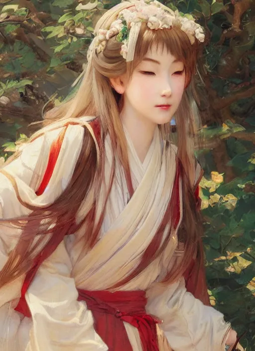 Image similar to detailed portrait of serene anime girl gwen wearing hanfu, closed eyes, natural light, painting by gaston bussiere, craig mullins, j. c. leyendecker