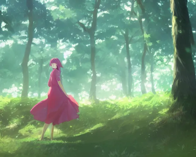 Image similar to a girl with two wings on her back in a forest. By Makoto Shinkai, trending on ArtStation, digital art.