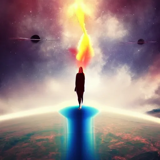 Prompt: a woman up there, concept art aesthetics, on fire, photoshop, colossal, creative and cool, giant, photo manipulation, planets, outer space, low angle, smoke, destruction