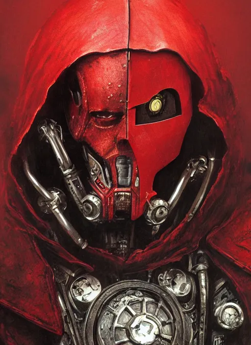 Image similar to portrait of rotten Nicolas Cage as adeptus mechanicus in red hood and robe from Warhammer 40000. Highly detailed, artstation, illustration by and John Blanche and zdislav beksinski and wayne barlowe