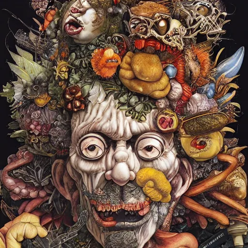 Image similar to portrait of crazy giuseppe arcimboldo, symmetrical, by yoichi hatakenaka, masamune shirow, josan gonzales and dan mumford, ayami kojima, takato yamamoto, barclay shaw, karol bak, yukito kishiro