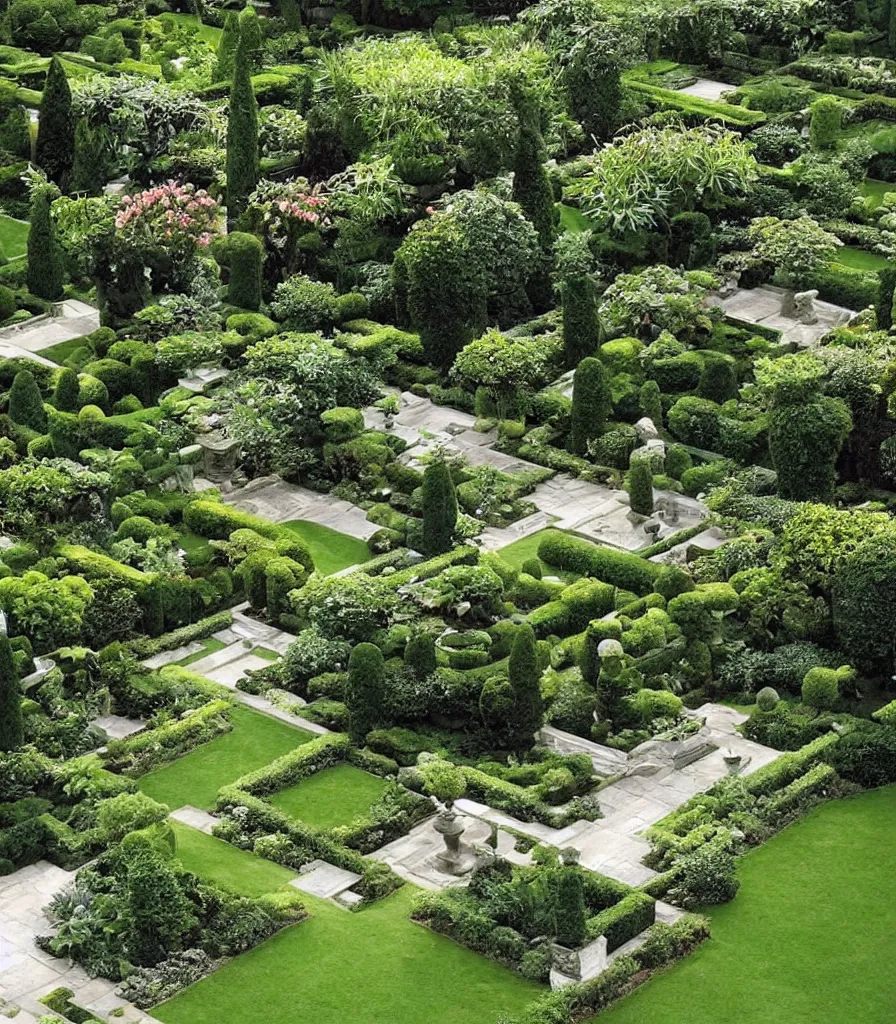 Image similar to a villa garden, garden landscape, symmetrical landscape and architectural design ， by gertrude jekyll and ieoh ming pei ， trending ，