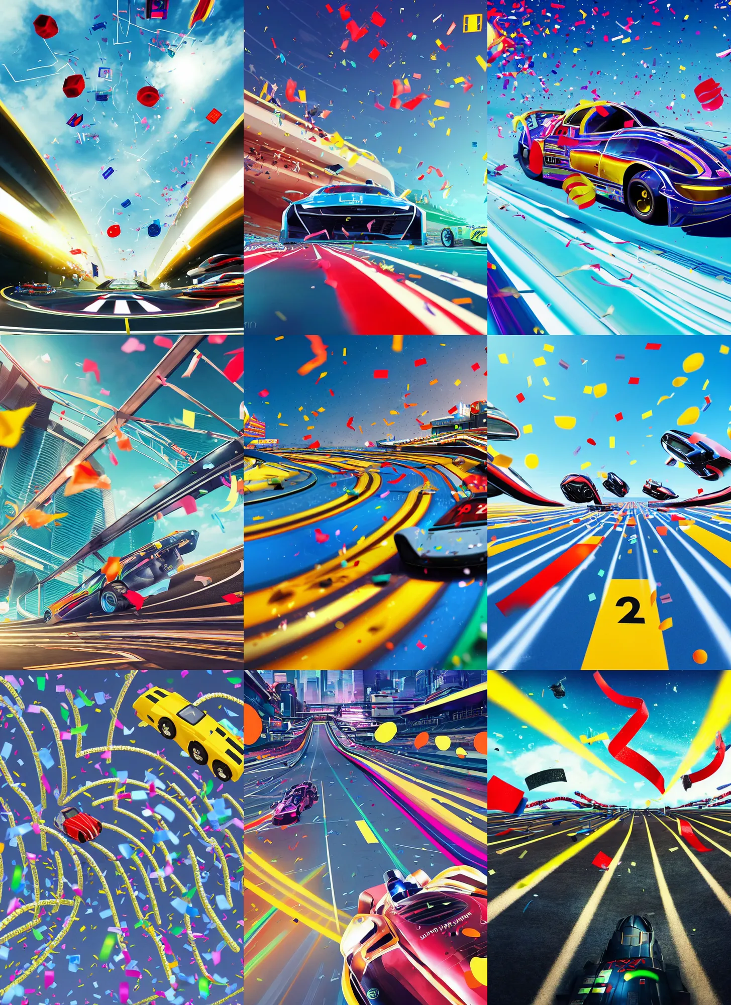 Prompt: cinematic low wide angle shot worms eye view of a realistic futuristic vehicle racetrack winners with confetti on a sunny day with a clear blue sky angled up, cyberpunk, dolly zoom, digital painting, good value control, vibrant colors, rule of thirds, golden ratio, horizon line focus, sharp focus, 8 k, fourze, realistic textures, f zero, speed racer