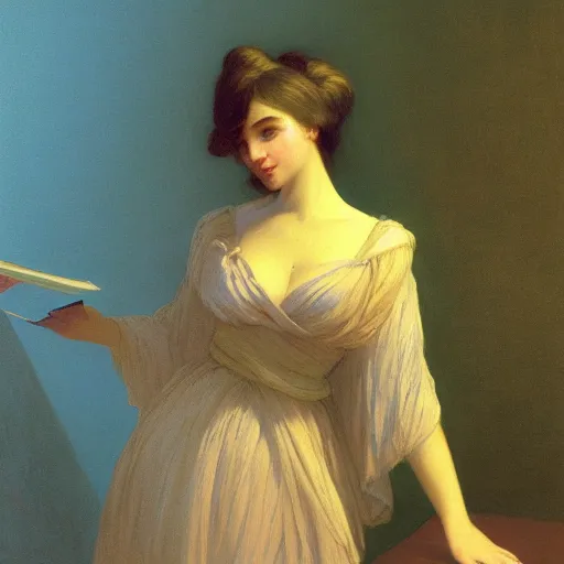 Image similar to a young woman's face, her hair is gold and she wears an cobalt blue satin cloak, by ivan aivazovsky and syd mead and moebius and gaston bussiere and roger dean and pieter claesz and paul delaroche and alma tadema and aelbert cuyp and willem claesz, hyperrealistic, volumetric light, octane render