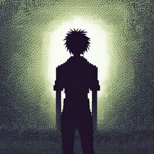 Prompt: A beautiful #pixelart pixel art illustration of [L from Death Note] by Eyvind Earle and Ivan Shishkin and Marc Simonetti and Amanda Clark and Zhicao Cai, at night, anime, shadows, lofi, DeviantArt, #pixelart:3, blur, dof, human, hair, man, people, person, figure, face, jpeg artifacts, photograph, dust, scratches, text, watermark:-1