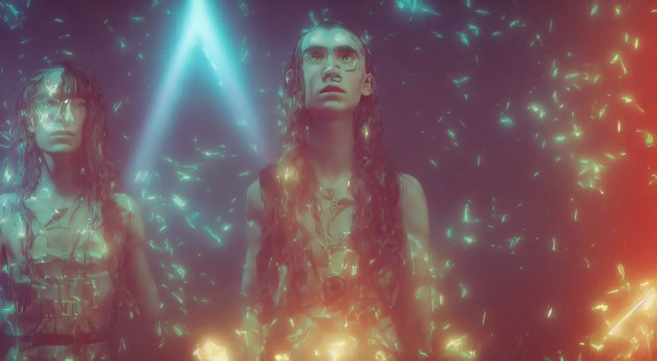 Prompt: cinematic render of Grimes as the mother god of all languages in a large room with holographic codes and golden light rays, trending on artstationHD, 8K