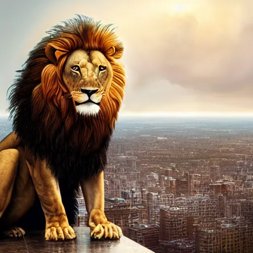 Image similar to a giant lion head looking at a city from above,low-angle shot,photorealiatic,hyperdetailed,hyperrealistic,studio lighting,studio photography,professional photography,professional lighting,detailed face,3 point lighting,4k,digital art,ultra realistic,ultra detailed,art by greg rutkowski,dramatic