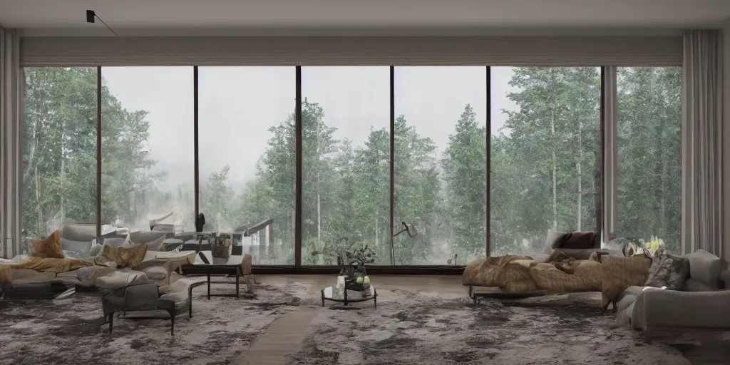 Image similar to a beautiful modern living room, large windows with a beautiful view of a forest, an area rug, realistic, hd, 8 k, digital rendering, unreal engine, blender, octane, maya