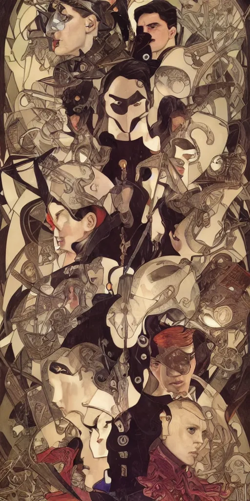 Prompt: Bauhaus portrait of The Umbrella Academy, superhero, intricate, surrealism background, symmetrical duality, hyperrealistic faces, beautiful face, highly detailed, digital painting, artstation, concept art, smooth, sharp focus, illustration, art by artgerm and greg rutkowski and alphonse mucha and Hajime Sorayama, inspired by alexander fedosov