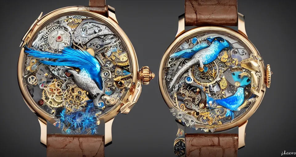 Image similar to a steampunk sleek, jewelled, tropical bird repeater watch by Jaquet Droz, highly detailed illustration highlights, gold and silver highlights, neon blue highlights, macro photography, F/2.8, trending on artstation, octane render