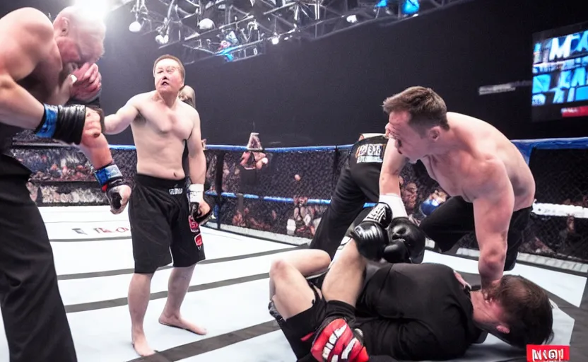 Image similar to Elon musk fighting Vladimir Putin in the MMA octagon, cinematic shot