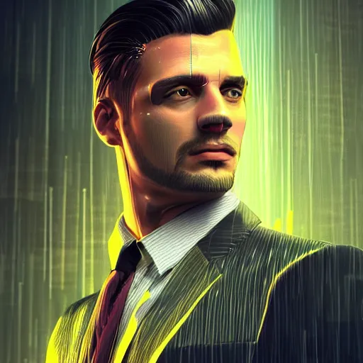 Image similar to stylish man cartoon portrait made out of rain, pinstripe suit, cyberpunk background, rendered in octane, unreal engine, highly detailed, trending on artstation, realistic, neon, beautiful, volumetric lighting, depth of field, glowing eyes