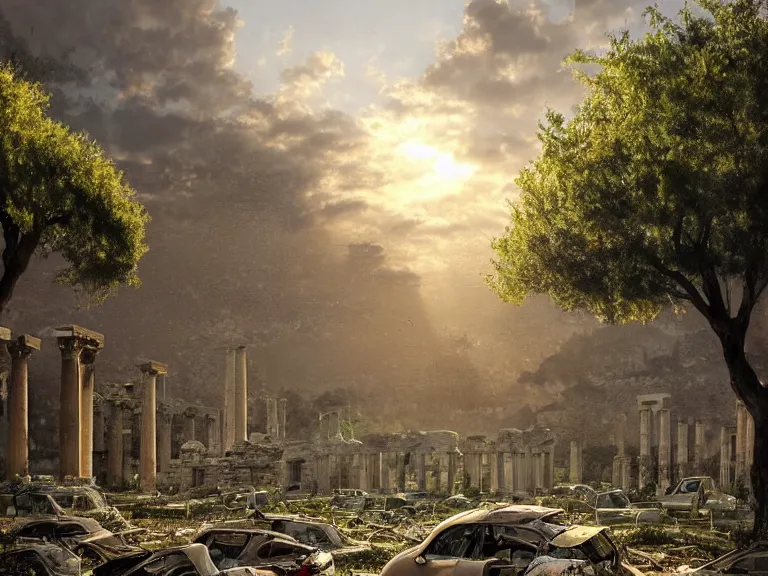 Image similar to tree growing in ancient greek ruins, gray wasteland, many scrap cars, plastic waste, rubble, pillars, flowers, vines, hyperrealistic, highly detailed, cinematic, single ray of golden sunlight, beautiful, cgssociety, artstation, 8 k, oil painting by greg rutkowski, by artgerm, by wlop