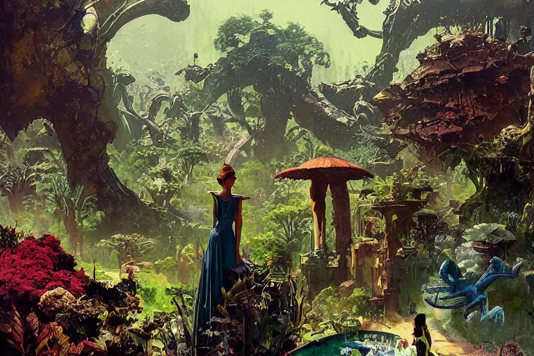 Prompt: pulp scifi fantasy illustration, elegant woman meets lizard alien in beautiful garden, flowers, baobab trees, distant town in valley and hills, spacehip, by norman rockwell, jack kirby, john berkey, bergey, craig mullins, ruan jia, raymond swanland, jeremy mann, beksinski, tom lovell, rodney matthews