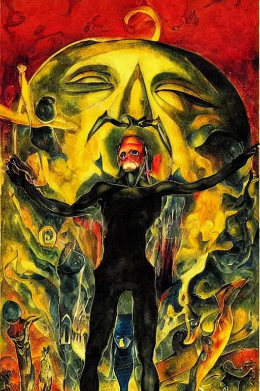 Prompt: surreal a lithe brian molko as delirium of the endless, the sandman, in a post apocalyptic hellscape, esoteric symbolism, intense emotional power, red yellow black, palette knife oil painting by peter booth, josh kirby and william blake