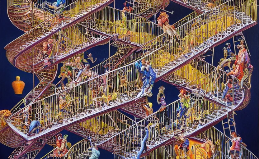 Prompt: chutes and ladders. detailed abstract acrylic painting by artgerm, by mc escher, by raqib shaw, japanese popsurrealism,