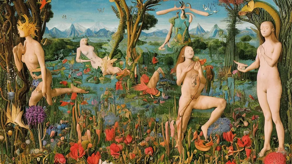 Prompt: a photograph of a meditating centaur shaman and a harpy mermaid mutating into beautiful aliens. surrounded by bulbous flowers and a few trees. river delta with mountains under a blue sky full of burning stars and birds. painted by jan van eyck, max ernst, ernst haeckel, ernst fuchs and artgerm. trending on artstation