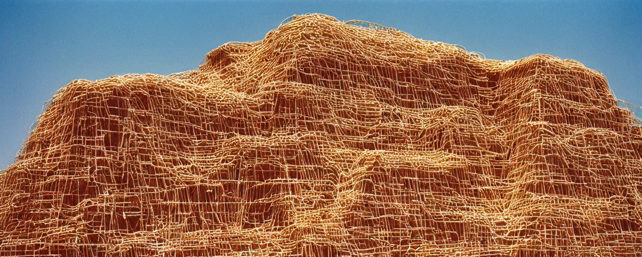 Prompt: spaghetti overflowing an ancient mesopotamian ziggurat, architectural, minimal, canon 5 0 mm, wes anderson film, kodachrome