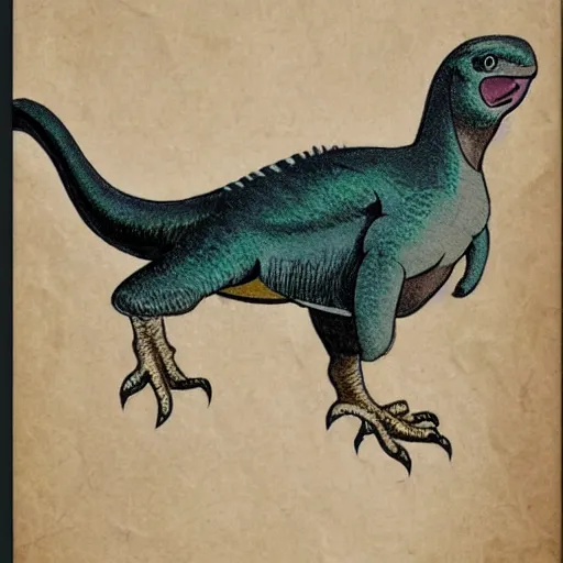 Image similar to professional vintage colored sketch of a feathered dinosaur with full descriptions, on parchment, 8K, HD, highly detailed, high quality