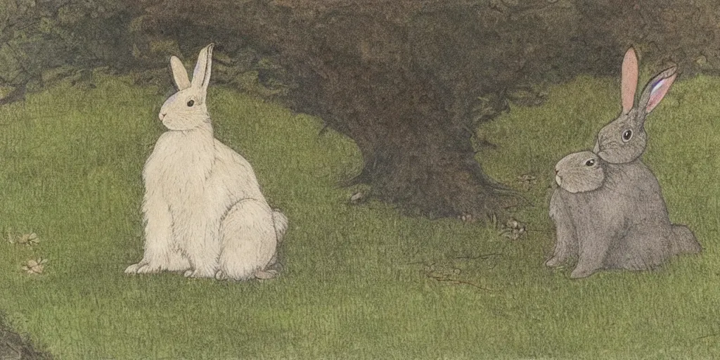 Image similar to a rabbit sitting by a pond, in the style of john bauer