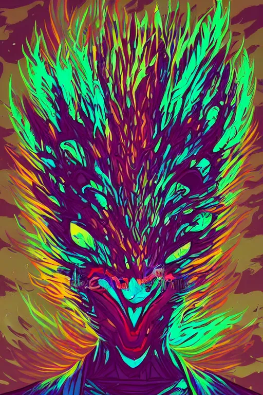 Image similar to animal mask totem tribal feather gemstone plant wood rock shaman vodoo video game vector illustration vivid multicolor borderlands comics by josan gonzales and dan mumford radiating a glowing aura