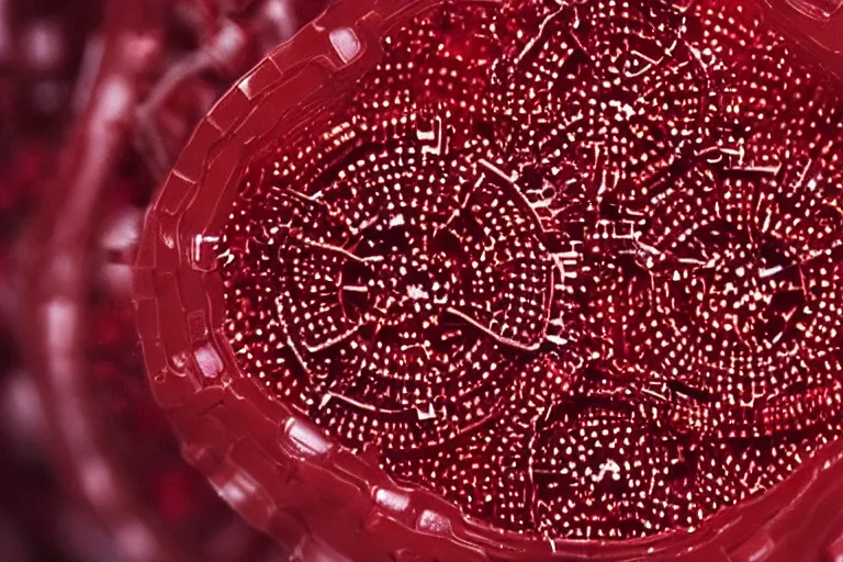 Prompt: a thin layer of translucent dark red film covering cluster of human skin cells made from tiny gears and machine parts, hyper realistic