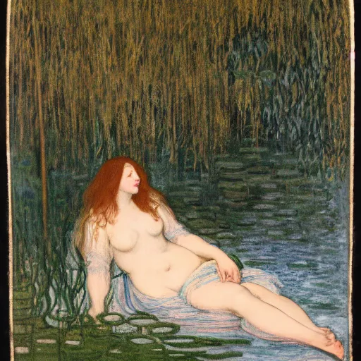 Prompt: ophelia laying partially submerged in water floating down the river amongst the reeds fully covered in robes and lake foliage weeds reeds fully clothed in flowing medieval robes by rosetti and monet, 8 k