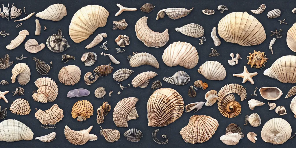 Image similar to full color page scan of various vintage sea shells illustrations on black background, in matte painting, 2 d, kitbash, 4 k