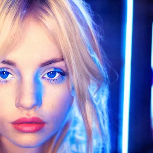 Prompt: a young, blonde-haired woman with soft facial features and blue eyes, looking at the camera, 35mm photograph, neon lights in the background,