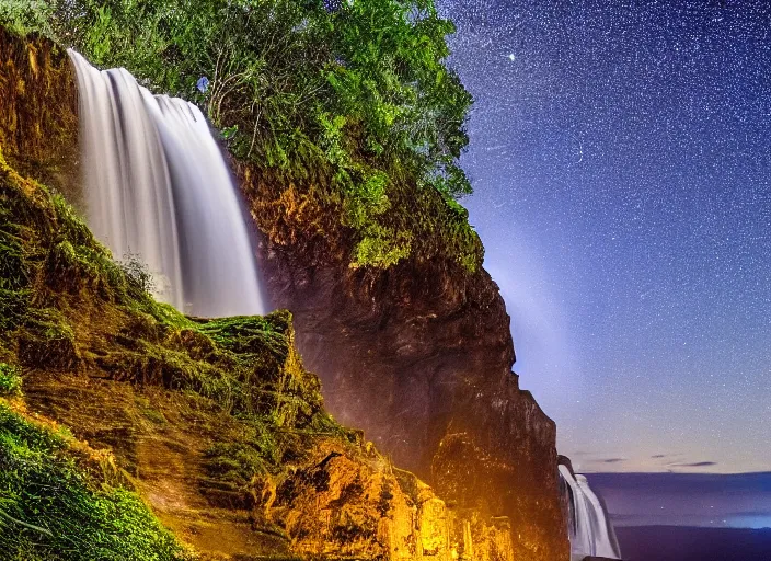 Image similar to a long capture photo of a magical waterfall, high cliff, night, stars in the sky