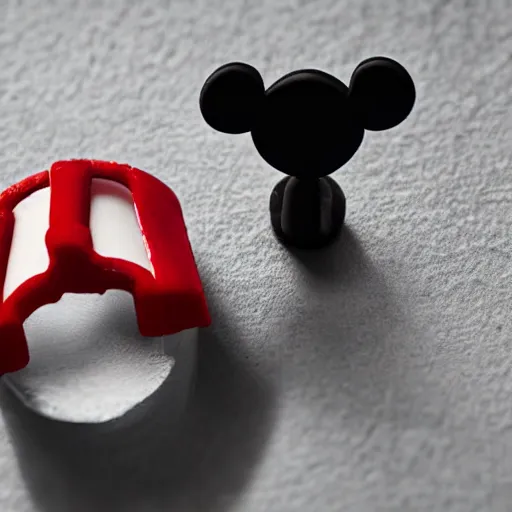 Image similar to close up of mickey mouse in a mouse trap, cinematographic shot, cartoon