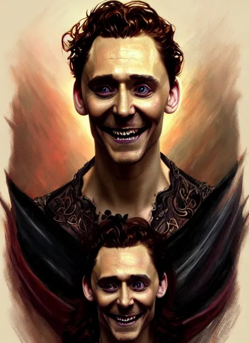 Image similar to portrait of tom hiddleston as a vampire lord, jewelry, intricate, headshot, highly detailed, digital painting, artstation, concept art, sharp focus, cinematic lighting, illustration, art by artgerm and greg rutkowski, alphonse mucha, cgsociety