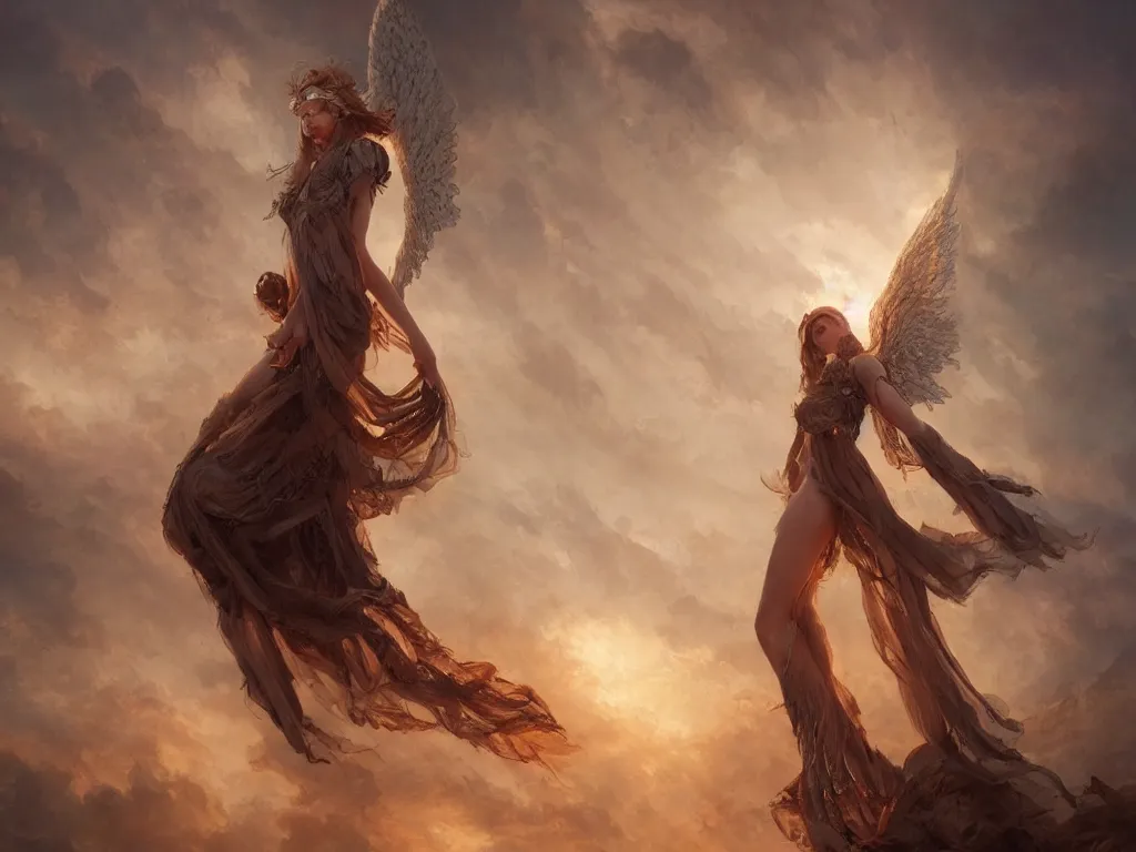 Prompt: angel carries a burning man in the clouds, fantasy art, award winning, dark fantasy, fantasy magic, intricate, elegant, sharp focus, cinematic lighting, highly detailed, digital painting, concept art, art by wlop and artgerm and greg rutkowski, masterpiece, trending on artstation, 8 k