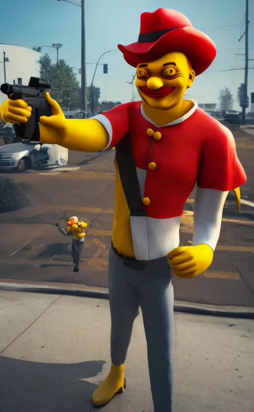 Image similar to ronald mcdonald robbing a bank holding a gun. he has taken hostages. high quality. unreal engine, embers flying, hyper realism, realistic shading, cinematic composition, blender render, octane render, ultrawide shot, photorealistic. hq. hd. 4 k. award winning. trending on artstation