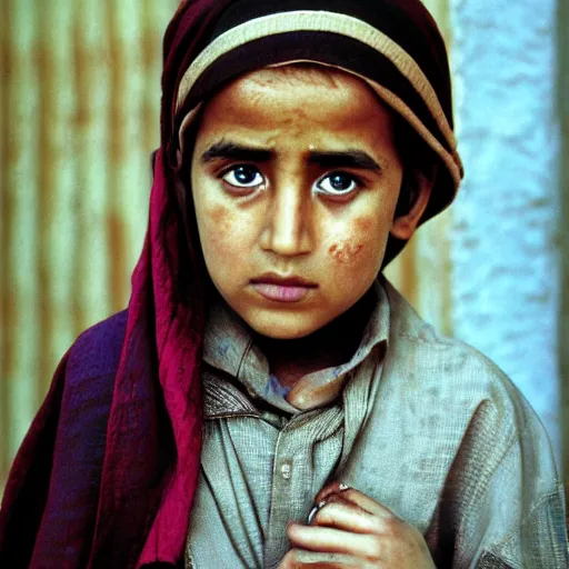 Prompt: nicholas cage as a little afghani girl close - up by steve mccurry