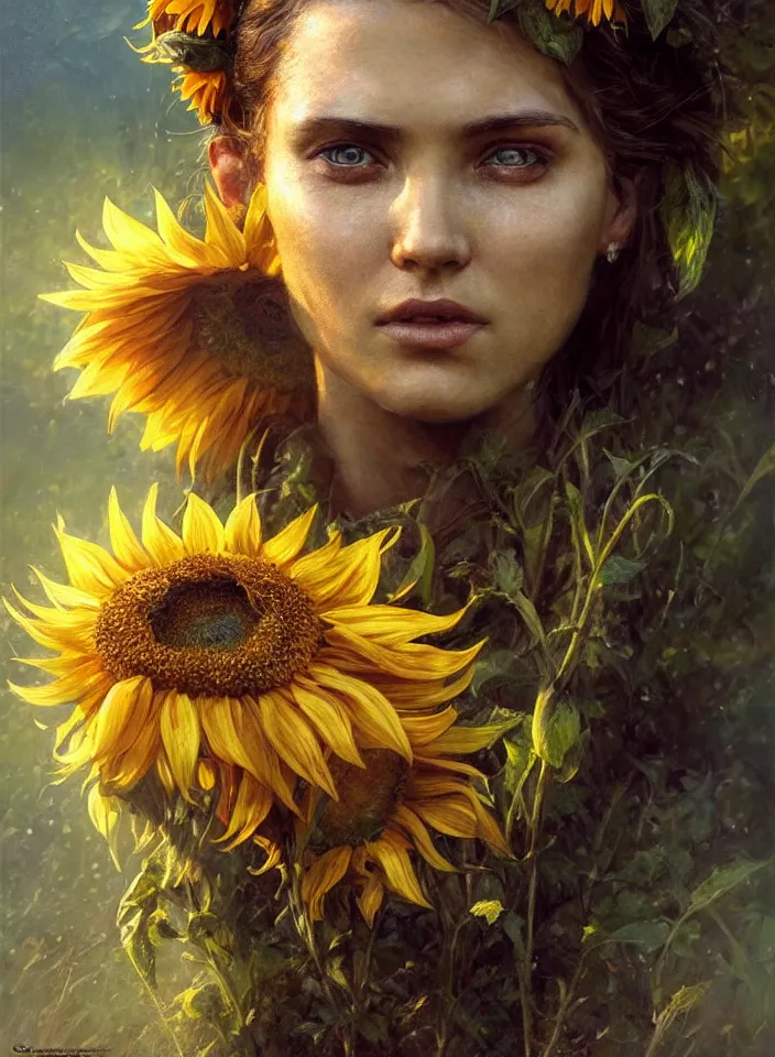 Image similar to close face portrait of a female ukraine soldier with a sunflower in her hair, summer season, moody scene, highly detailed, intricate, sharp details, summer vibe, gorgeous scene by gaston bussiere, craig mullins, somber lighting, drawn by giacomo burattini, inspired by graphic novel cover art, hyperrealistic, 8 k by rhads